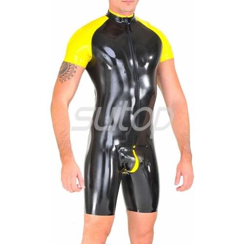 Latex tracking suit latex catsuit males jumpsuits rubber teddies in heavy latex 0.4 mm with front zip to waist with cop pieces