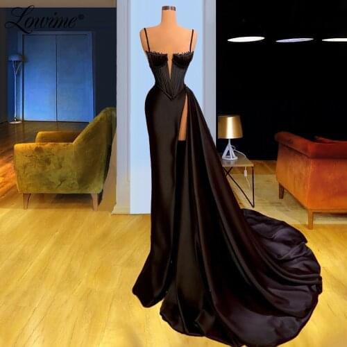 Lowime Black Spaghetti Straps Long Evening Dresses 2021 Couture Beaded Dubai Design Middle East Women Plus Party Gown Prom Dress