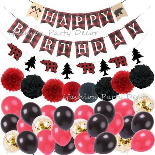 Lumberjack Happy Birthday Party Decorations Birthday Banners Woodland Themed Timber Buffalo Plaid Garland Black and Red Balloons