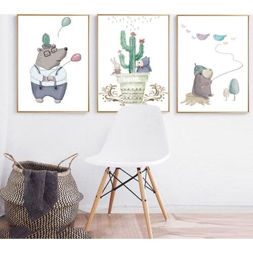 Cute Bear Animal print Cactus Wall Art Canvas Painting Minimalist Nordic Poster Decoration Home Wall Pictures Baby room Decor