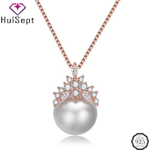 HuiSept Trendy Pearl Necklace 925 Silver Jewelry with Zircon Gemstone Pendant for Women Wedding Party Fashion Ornament Wholesale