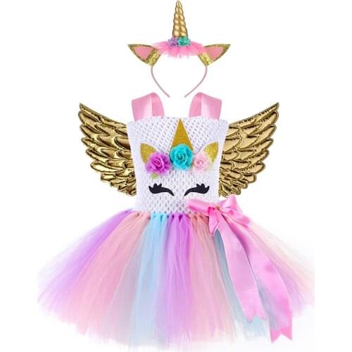 Pastel Unicorn Dress for Girls Flower Princess TuTu Dresses Kids Halloween Costume Child Cosplay Fancy Dress with Wings