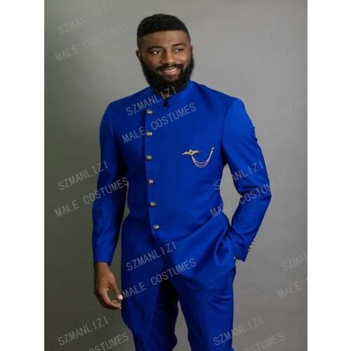 Latest Coat Pants Designs Stand Collar Custom Best Man Slim Fit Royal Blue Groom Men Suits Wedding Blazer Prom Tuxedo Costume
