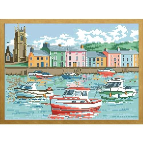Seaport Town Chinese Cross Stitch Print Canvas Counted Embroidery Kit 11CT 14CT Diy Handmade Needlework Home Decoration Painting