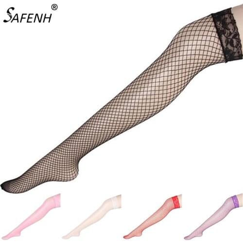 Sexy Mesh Stockings Women Sexy Lace Top Sheer Stay Up Knee Thigh High Silicone Stockings Fishnet Pantyhose Woman meias hosiery