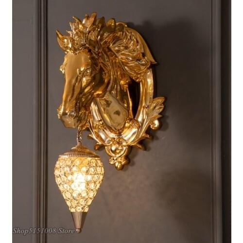 Modern Luxury Led Gold Horse Wall Lamp Crystal Fixtures Bedside Lighting Home Art Corridor Aisle background Decor Wall Lights