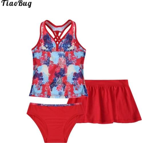 TiaoBug Summer 3Pcs Kids Girls Swimsuit V Neck Sleeveless Spaghetti Straps CrissCross At Rear Top With Briefs And Skirt Swimwear