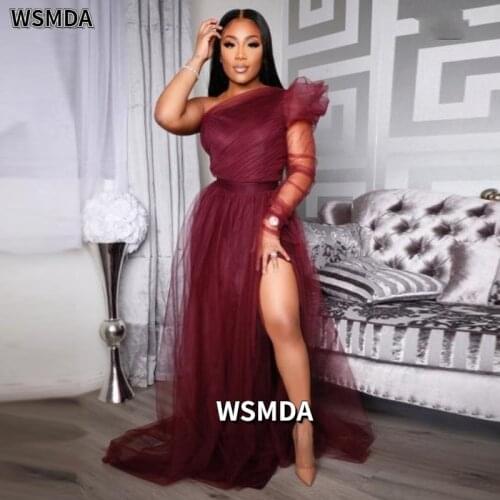Burgundy Party Gowns Tulle abiye One Shoulder High Slit Evening Dress Sleeve Vestido Longo robe de soiree Evening Dresses