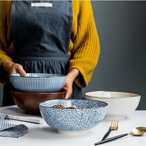 Guopin 8 Inch Japanese Ramen Bowl Ceramic Noodle Bowl Stripe Design Large Soup Bowl Restaurant Household Retro Dinnerware