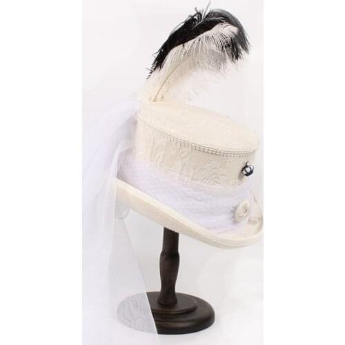 Top 15CM White Wool Women Bride Handwork Fedora Top Hat Lady Mesh Traditional Beaver Feather Party Wedding Hat