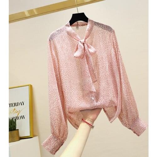 Button Down Shirt for Women 2021 New Sash Bow Collar Bright Silk Lantern Sleeve Leopard Shirt Pink Tops Loose Thin Chiffon Shirt