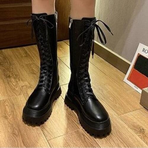 Women Boots Ladies Mid-calf Boots Short Plush Thcik Bottom Platform Lace Up Zip Pu Leather Female Winter Shoe Casual Fashion new