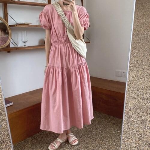 2021 Women Summer Vintage Pink Long Dress Puff Sleeve Elastic Waist Folds A-line Pullover Midi Sundress