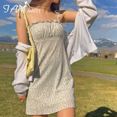 Small Floral Print Spaghetti Strap Mini Dress Women Kawaii Ruched Milkmaid A-line Dresses Party Holiday Sundress Outfit Iamhotty