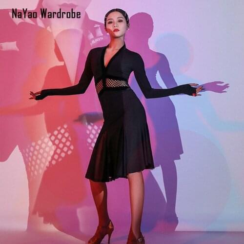 2020 New L9688 Patchwork Long Sleeve V Neck Latin Dance Dress Women Performance Costume Latin Ballroom Dresses Latino Dancewear