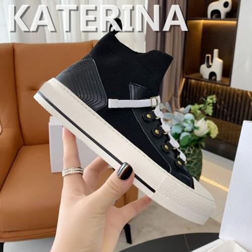 2021 High-Top White Canvas Women Ankle Boots Kniting Weave Stretch Socks Platform Sneakers Brand Design Metal Decor Mixed Color