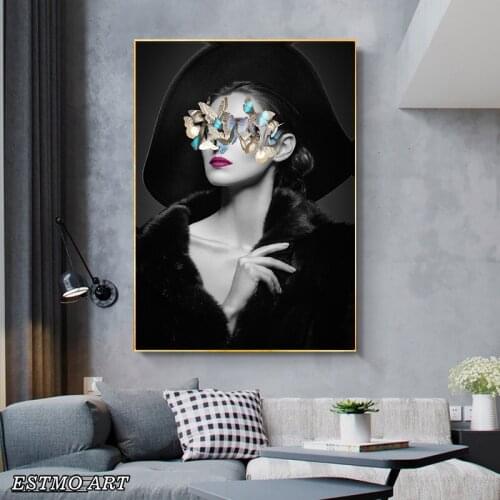 Abstract Canvas Painting Decorative Picture HD Nordic Black and White Butterfly Flower Woman Modern Art Painting Wall Pictures