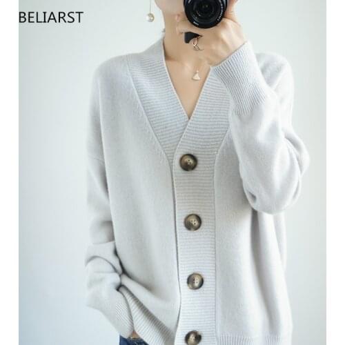 New V-neck 100% Wool Sweater Womens Autumn and Winter Short Star Cardigan Sweater Loose Knit Cashmere Base Free Shipping