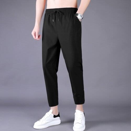 Mens Summer Thin Pants Korean Trend Nine Straight Tube Loose Ice Silk Elastic Sweatpants For Boys Spring And Autumn Student
