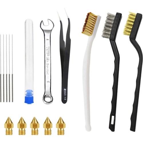3D Printer Nozzles Cleaner Kit 0.4 Mm MK8 MK10 Extruder Brass Nozzles With Tweezers Cleaning Needles Stainless Steel Wire Brush