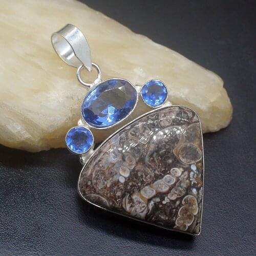 Gemstonefactory Jewelry Big Promotion 925 Silver Natural Ocean Jasper Blue Topaz Women Ladies Mom Gifts Necklace Pendant 0406