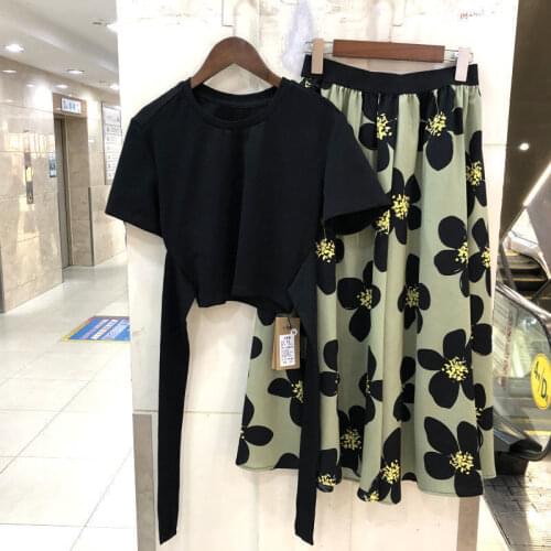 Skirt Suit Plus Size Womens Summer 2021 High Waist Split Skirt Two-piece Suit Womens Thin T-shirt Top Ladies Summer Suit