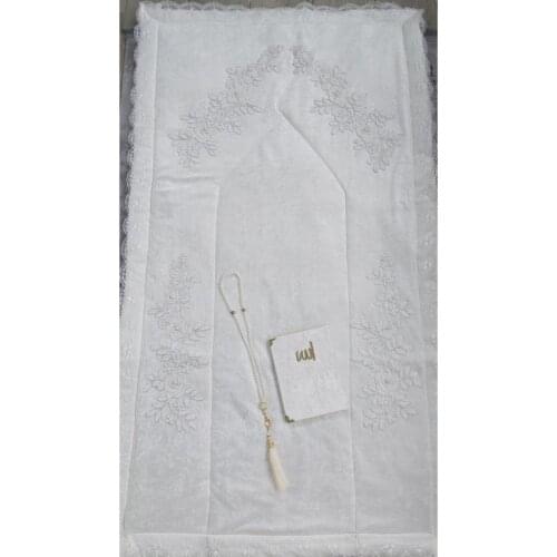 Ecru Cream Velvet Prayer Rug 3 Piece Dowries Bohça Bridal Set Mawlid Blessed Islamic Gifts Velvet Prayer Rosary 3 Piece Set