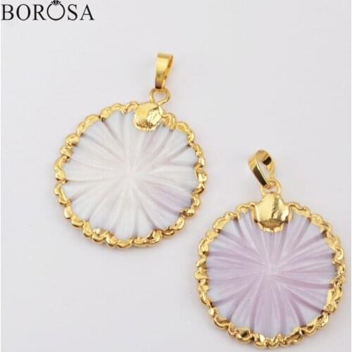 BOROSA Shell Pendant 10Pcs Gold Trim Hand-caved Round Flower Natural White Shell Pendant for Dangle Earring Jewelry Making G1896