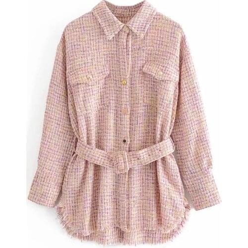 Vintage Chic Pockets Tassel Plaid Tweed Jacket with Belt Women Fashion Single Breasted Lapel Collar Coat Female Chic Outerwear