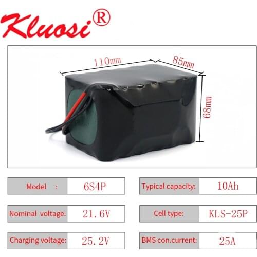 KLUOSI 6S4P 24V 10Ah 450W 21.6V 25.2V Lithium Battery Pack with 25A BMS for Electric Bicycle Ebike Scooter Wheelchair Cropper
