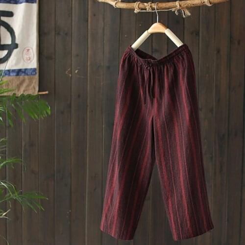 Fashion pure cotton female autumn new loose wild striped casual pants retro nine-point pants