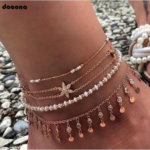 Docona Trendy Flower Crystal Chains Multilayer Anklet for Women Water Drop Pendant Beaded Anklets Bracelet Foot Jewelry 8284