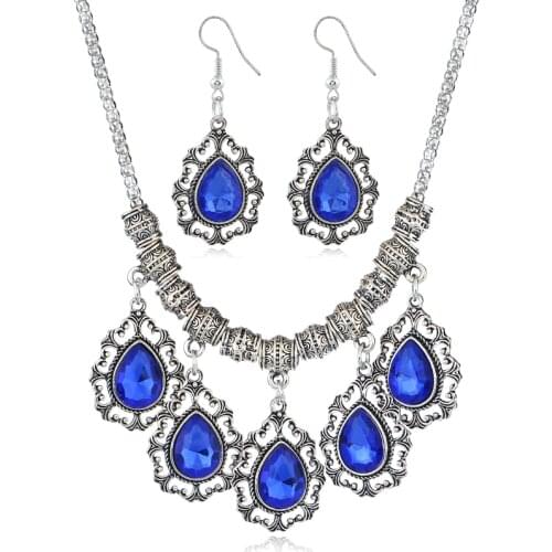 Fashion luxury exquisite necklace/earrings for women with inlaid faux crystal water drop design female party jewelry set