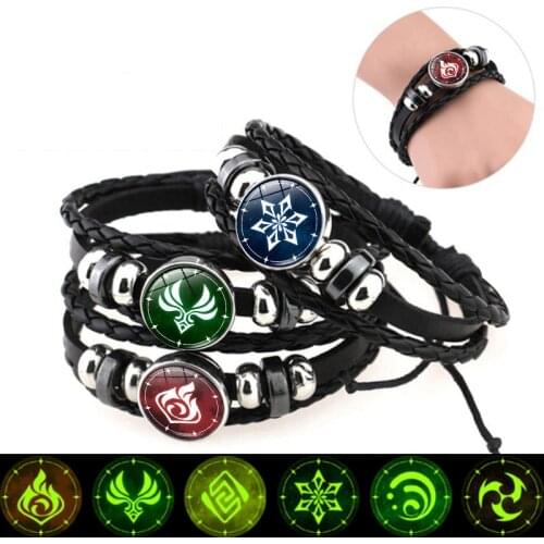 Genshin Impact Bracelet Charm Game Eye of God Water Wind Thunder Fire Rock Element Glass Snap Button Leather Bracelets for Women