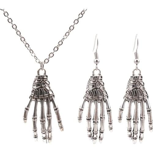 Halloween Necklace Earrings Set Ghost Claw Pendant Punk Necklace Skeleton Hand Gothic Charm Necklace Earrings Halloween Party