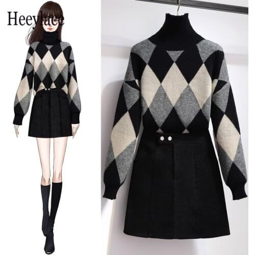 Fall winter Warm 2 Pieces Sets Womens Outfits Korean Woolen Knitted Plaid Turtleneck Sweater And Black Skirts Suits Ropa Mujer