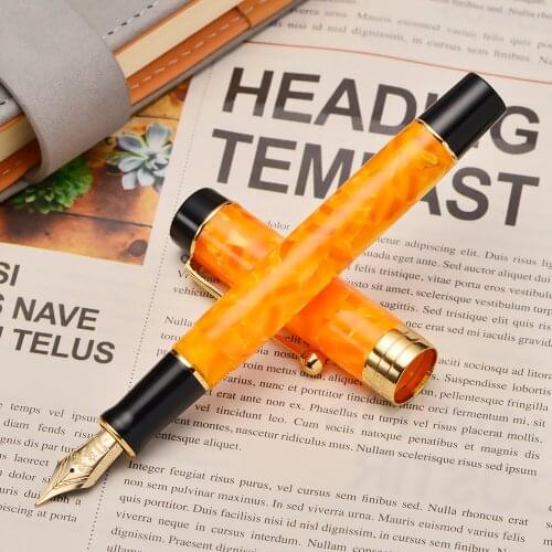 Jinhao 100 14K Gold Resin Fountain Pen Orange Fine Nib 0.5mm with Golden Clip Converter Writing Business Office Gift Ink Pen