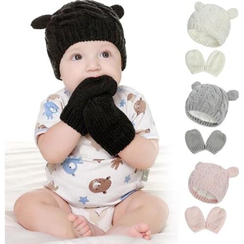 1Sets Kids Winter Warm Knit Hat Gloves Boys Girls Solid Color Ear Lovely Beanie Cap Toddler Double Pompom Bonnet Gloves 0-18M