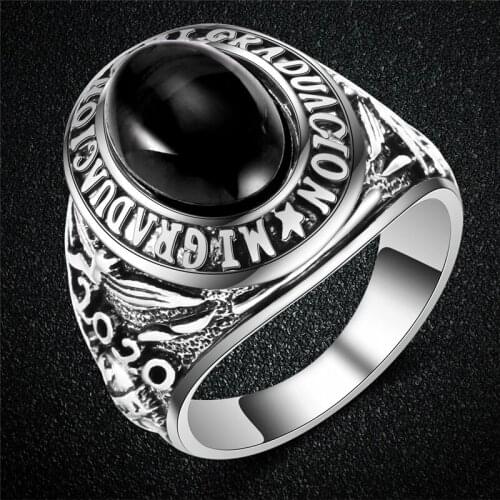 Vintage Black/Red Stone 2020 Graduation Rings For Men Women Antique Silver Color Jewelry Male Female Fashion Student Letter Ring