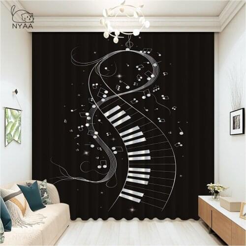 Vintage Retro Poster With Guitar Piano And Musical Notes Curtains Window Curtain Black Curtains For Bedroom Micro Shading