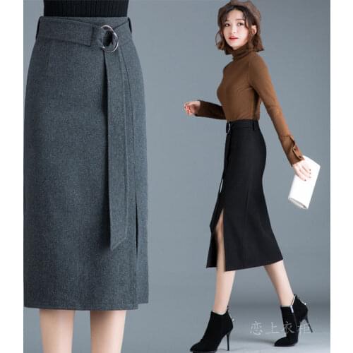 2020 New Spring Autumn Women Woolen Skirt High Waist Casual Solid Slim Pencil Skirt Falda Stretch Skinny Skirts Split Jupe Y544