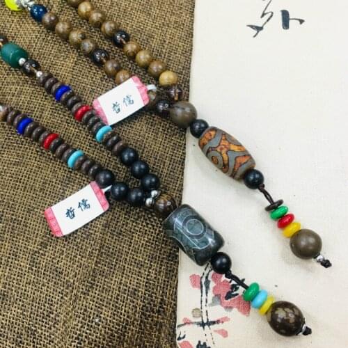Zhe Ru Natural Agate Multicolor Dzi Bead Pendant with Multicolor Wooden Bead Necklace Exquisite Men and Women Sweater Chain
