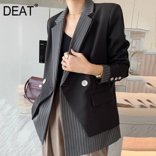 DEAT Woman Blazer Coat Striped Patchwork Notched Long Sleeve Button Loose Office Lady Style Jackets 2021 Autumn fashion 15XF278