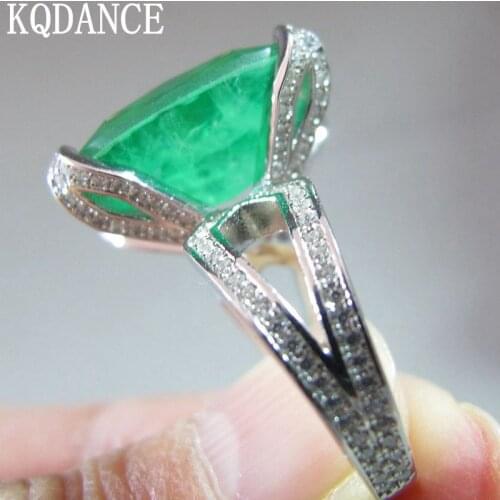 Solid 100% Sterling 925 Silver Large rings for women Green stone Synthetic Gemstone Emerald Ring white Gold plated Fine Jewelry