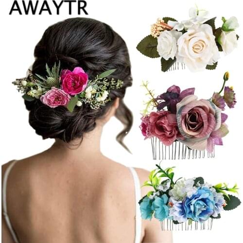 AWAYTR Boho Bridal Hair Combs Rustic Wedding Floral Women Stimulation Flower Hairpins Brides Hair Accessories Greenery Combs