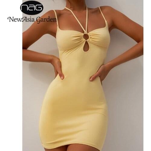 NewAsia Halter Mini Dress Spaghetti Strap Cut out Tie up MetalRing Hole 2Layer Elastic Bodycon Dress Sexy Dresses for Women 2021