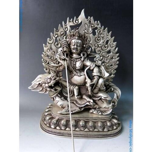 13" China silver Foo Dogs Lion Buddhism great white umbrella buddha Statue