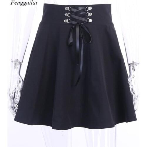 2021 High Waist Pleated Skirts Women Punk Black Lace Up Casual Street Wear Solid Feminina A-Line Party