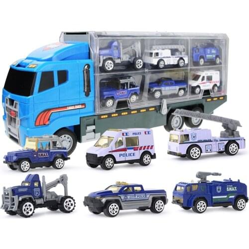 7pcs/Set Kids 1:64 Police Container Engineering Truck Toys & Mini Diecast Metal Alloy Car Educational Toys for Children Boys