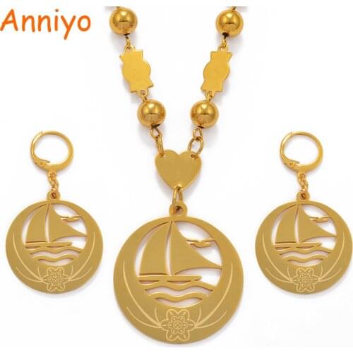 Anniyo Boat Seagull Big Size Jewelry sets Bead Necklace Earrings for Womens Gold Color Micronesia Guam Hawaii Marshalls #076821